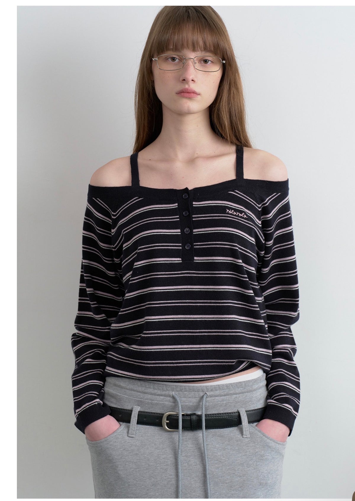 Rolarola Stripe Off Shoulder Strap Knit Top – Black (Instock)