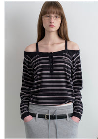 Rolarola Stripe Off Shoulder Strap Knit Top – Black (Instock)