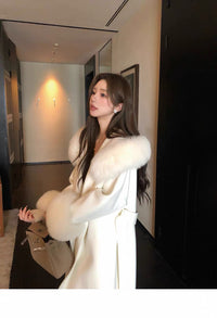 Kelly Designs Fox Fur Trim Wool Long Coat – Ivory (Instock)