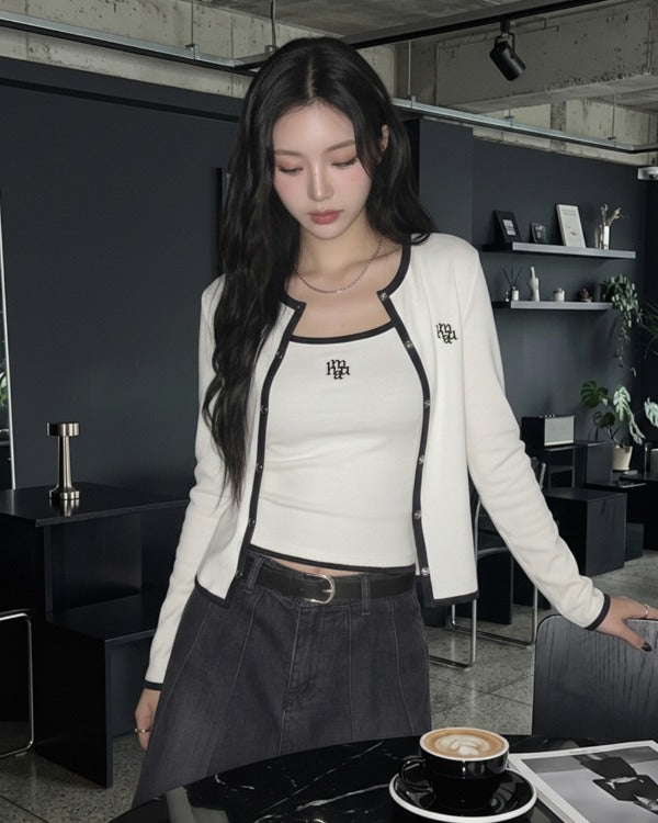 Korean Collection Muah Muah Contrast Trim Cami & Cardigan Set (Instock)