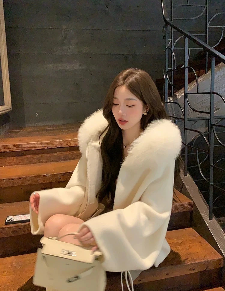 Kelly Designs Fox Fur Hoodie Zip Up White Wool Coat (Instock)