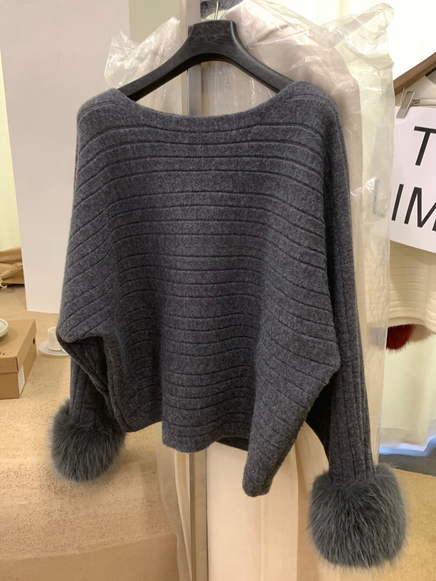 Kelly Designs  French-Inspired Off-Shoulder Knit Sweater with Fur Cuffs (Instock)