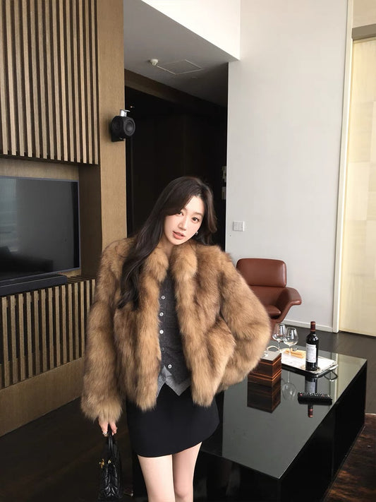Kelly Designs Brown Fox Fur Jacket with High Neck (Instock)