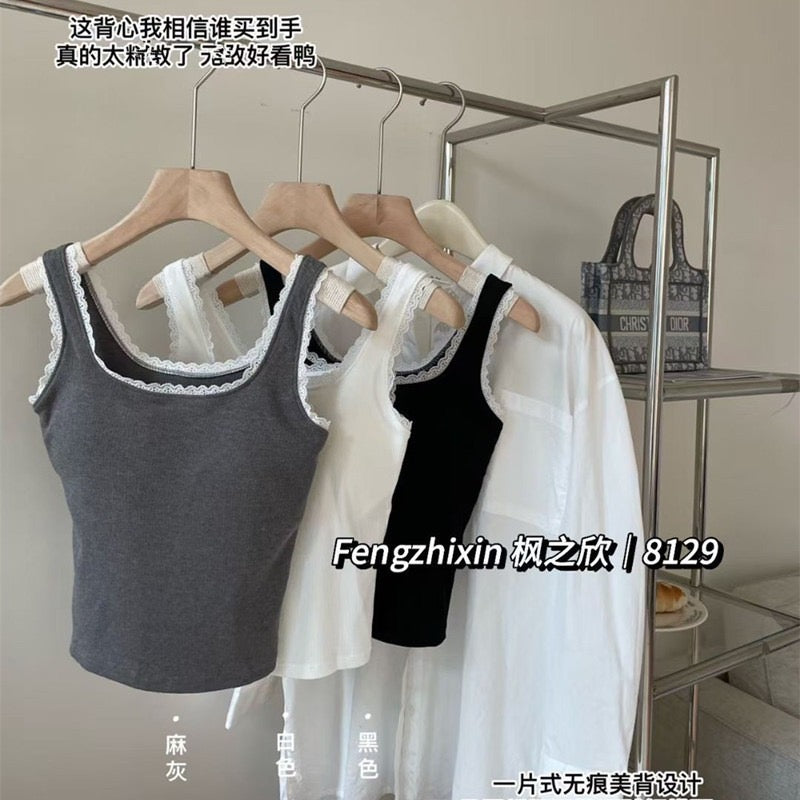 Kelly Designs Soft Ribbed Lace Tank with Built-In Bra Top (Instock)