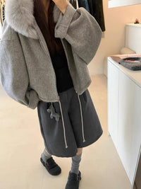 Kelly Designs Fox Fur Hoodie Zip Up Grey Wool Coat (Instock）