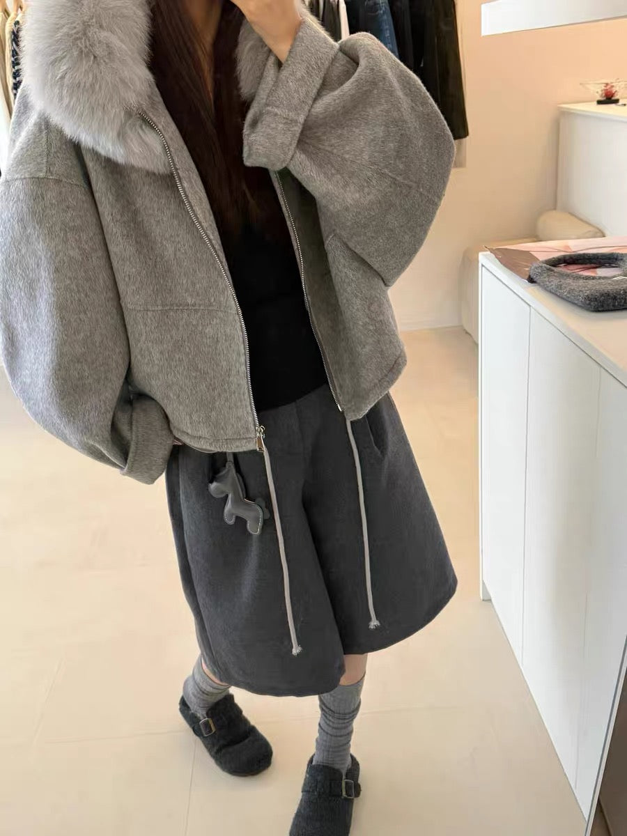 Kelly Designs Fox Fur Hoodie Zip Up Grey Wool Coat (Instock）