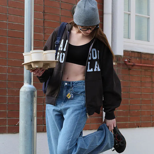 Korean Collection Rolarola Patchwork Campus Hood Zip Up Charcoal (Instock)