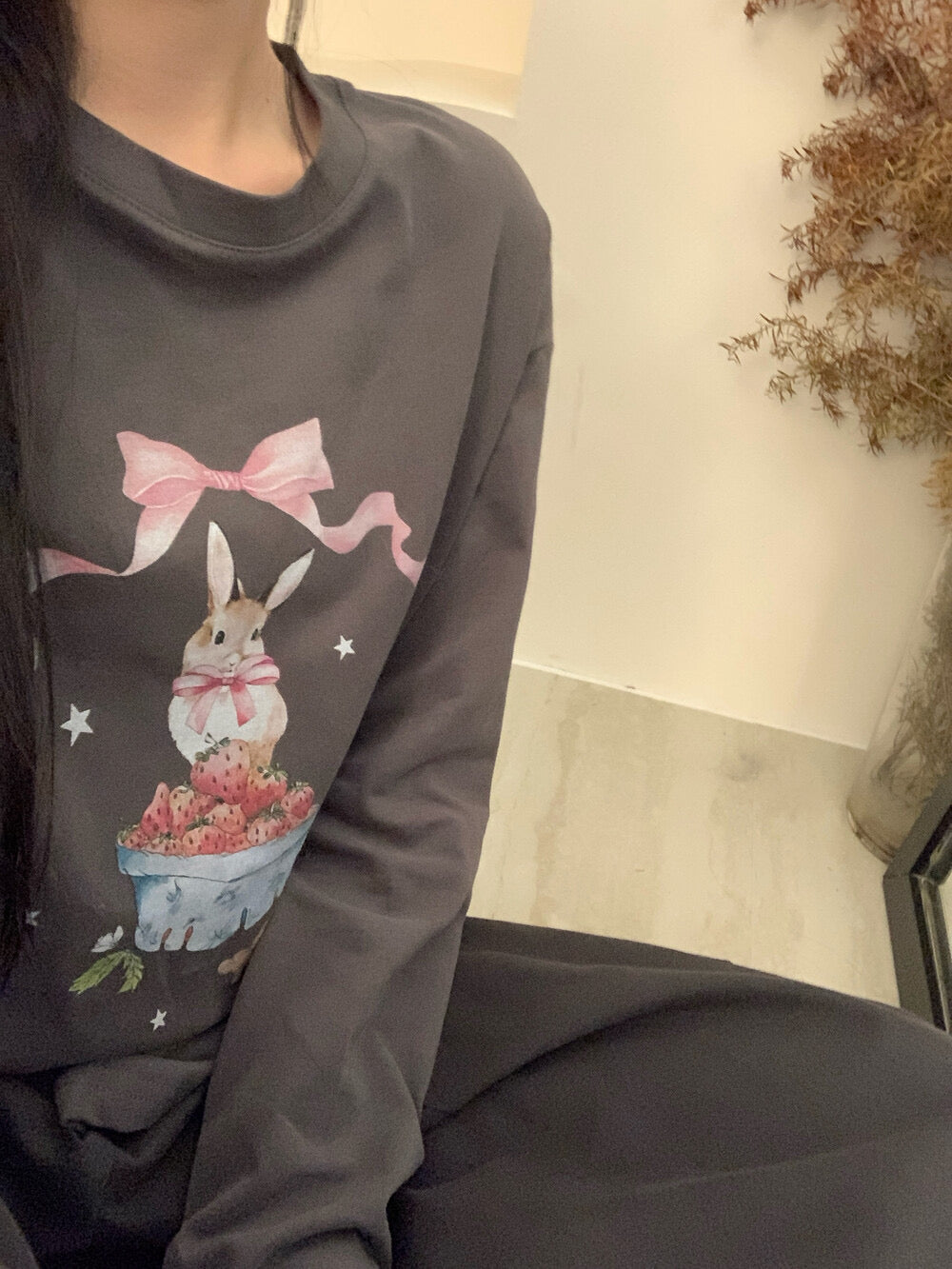 Kelly Designs Brushed Cotton Long-Sleeve Tee – Bow Strawberry Bunny Print (Instock)