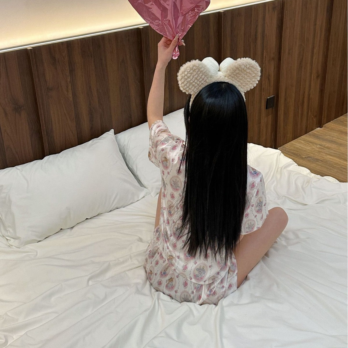 Kelly Designs Sweet Bunny Print Ice Silk Pajamas – Short Sleeve & Shorts Set (Instock)