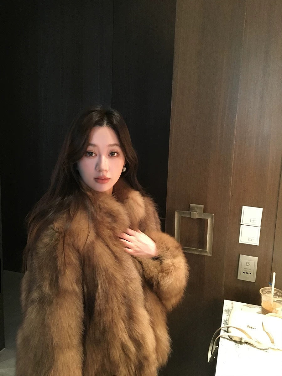 Kelly Designs Brown Fox Fur Jacket with High Neck (Instock)