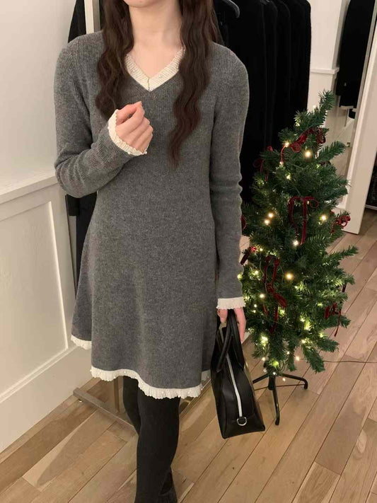 Kelly Designs V Neck Wool Grey Dress (Instock)