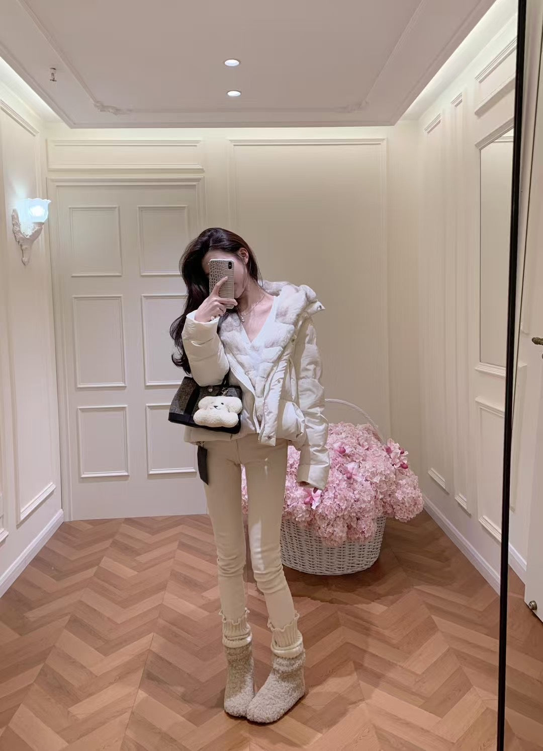 Kelly Designs Goose Down Jacket with Imported Rex Rabbit Fur Hood – Elegant & Ultra Warm-Black/White (Instock)