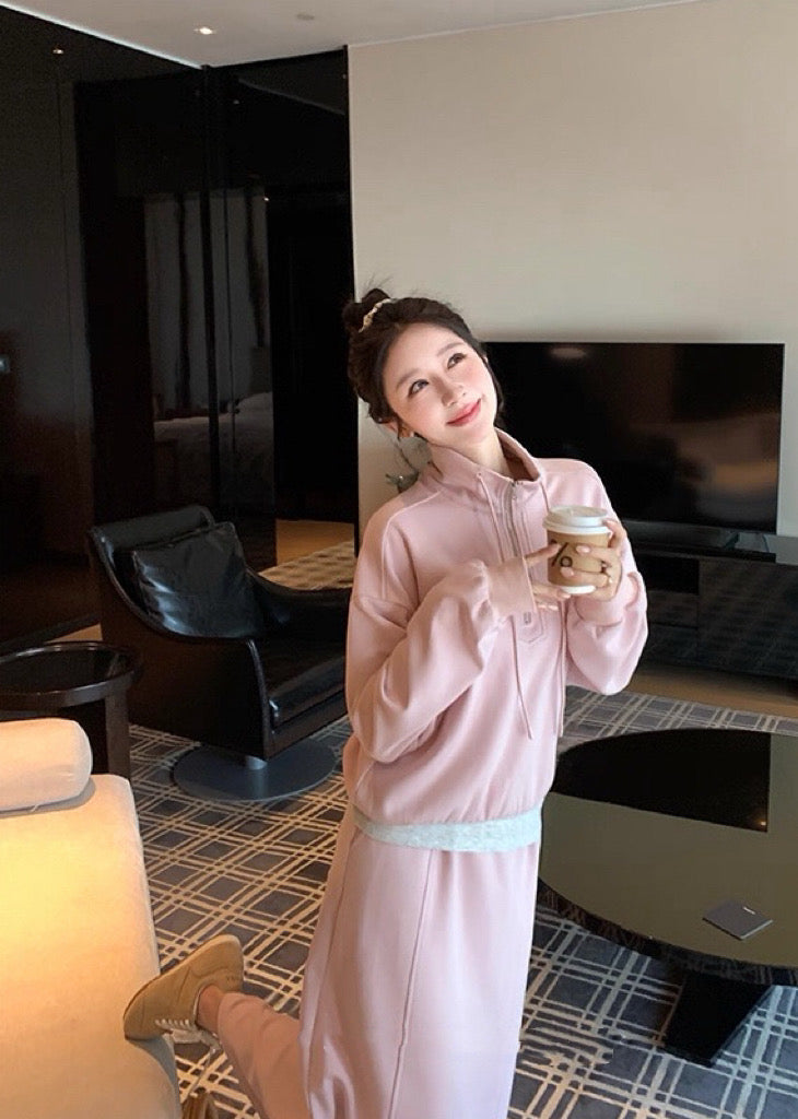 Kelly Designs Two-Piece Hoodie & Midi Skirt Set - Pink/Grey (Instock)