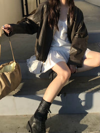 Korean Faux Leather Zip-Up Jacket – Brown (Instock)
