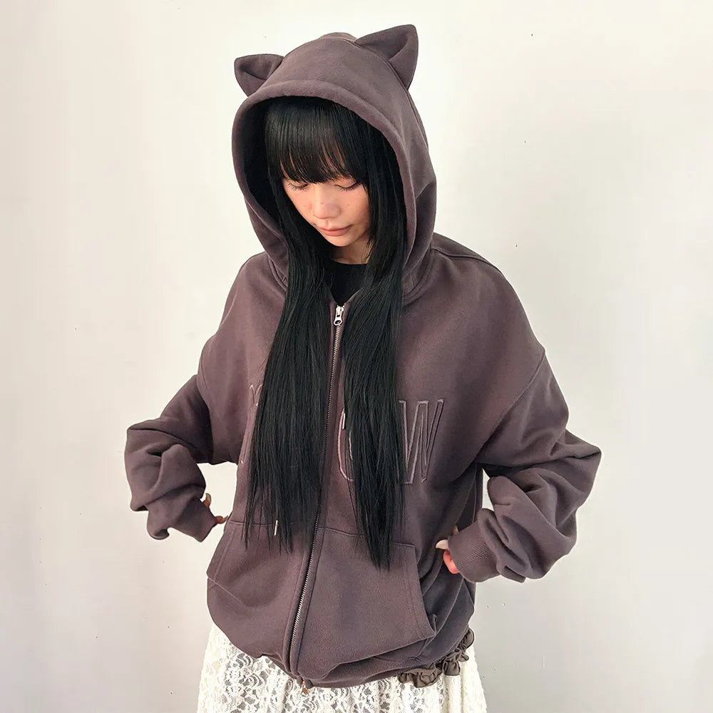 Korean ITZAVIBE Meow Cat Ear Hoodie Zip Up (Instock)