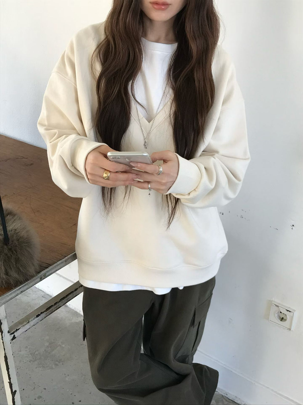 Korean APM Collection Relaxed Deep V-Neck Sweatshirt (Instock)