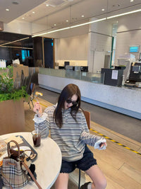 Korean Collection Lace-Trim Striped Hooded Top (Instock)