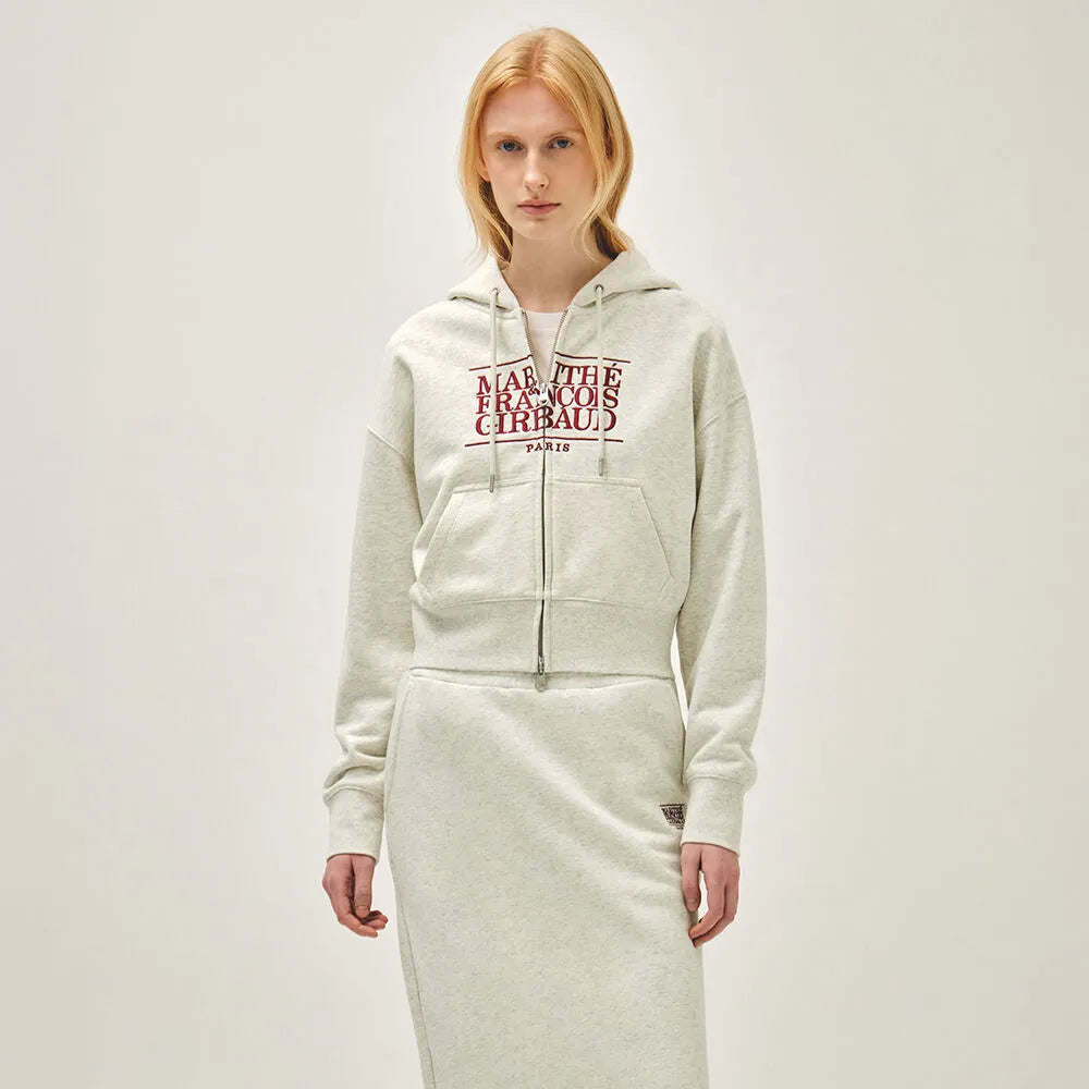 Marithe W Embroidery Classic Logo Crop Hoodie Zipup Oatmeal(Instock)