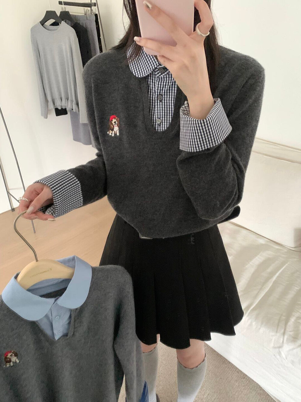 Kelly Designs Puppy Embroidery Wool Layered Fake 2pcs Sweater (Instock)