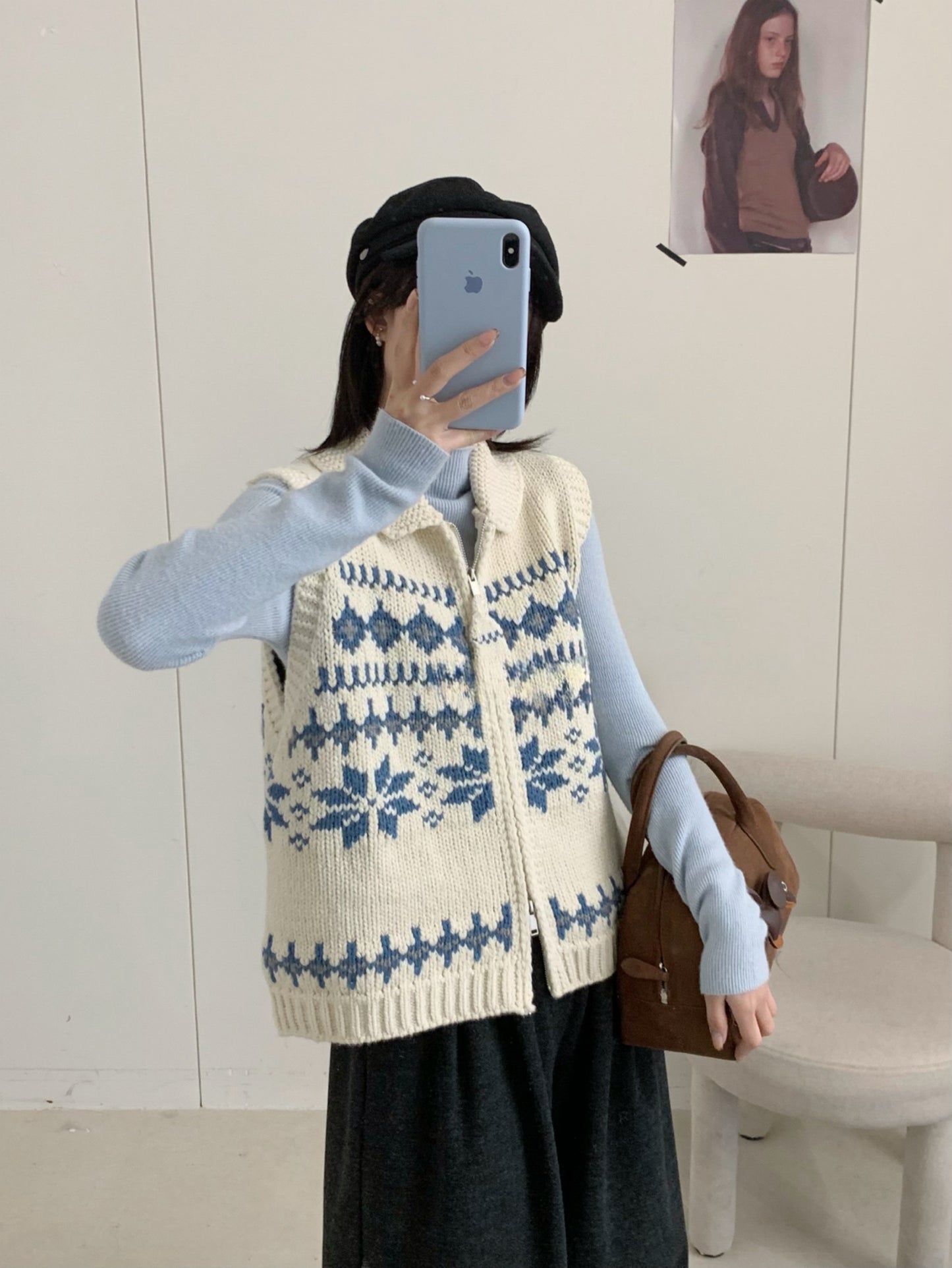 Kelly Designs Fair Isle Double-Zip Knit Vest – Cozy & Versatile-Beige (Instock)