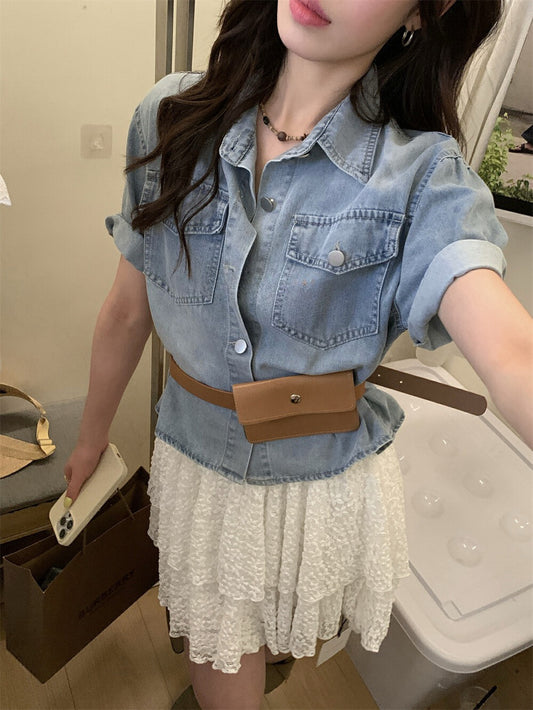 Kelly Designs Short Sleeves Denim Jacket With Belt Bag (Instock）