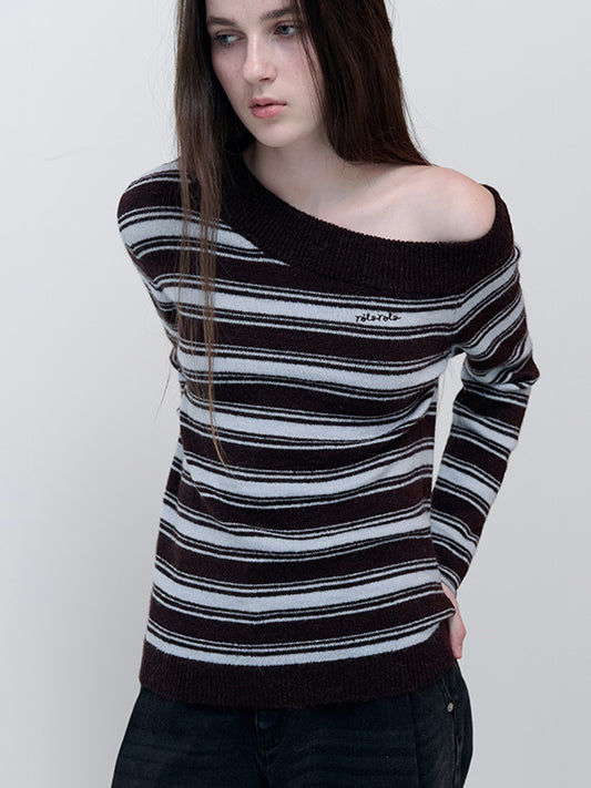 Korean Collection Rolaroal UNBALANCED OFF SHOULDER STRIPE KNIT BR+BL (Instock)