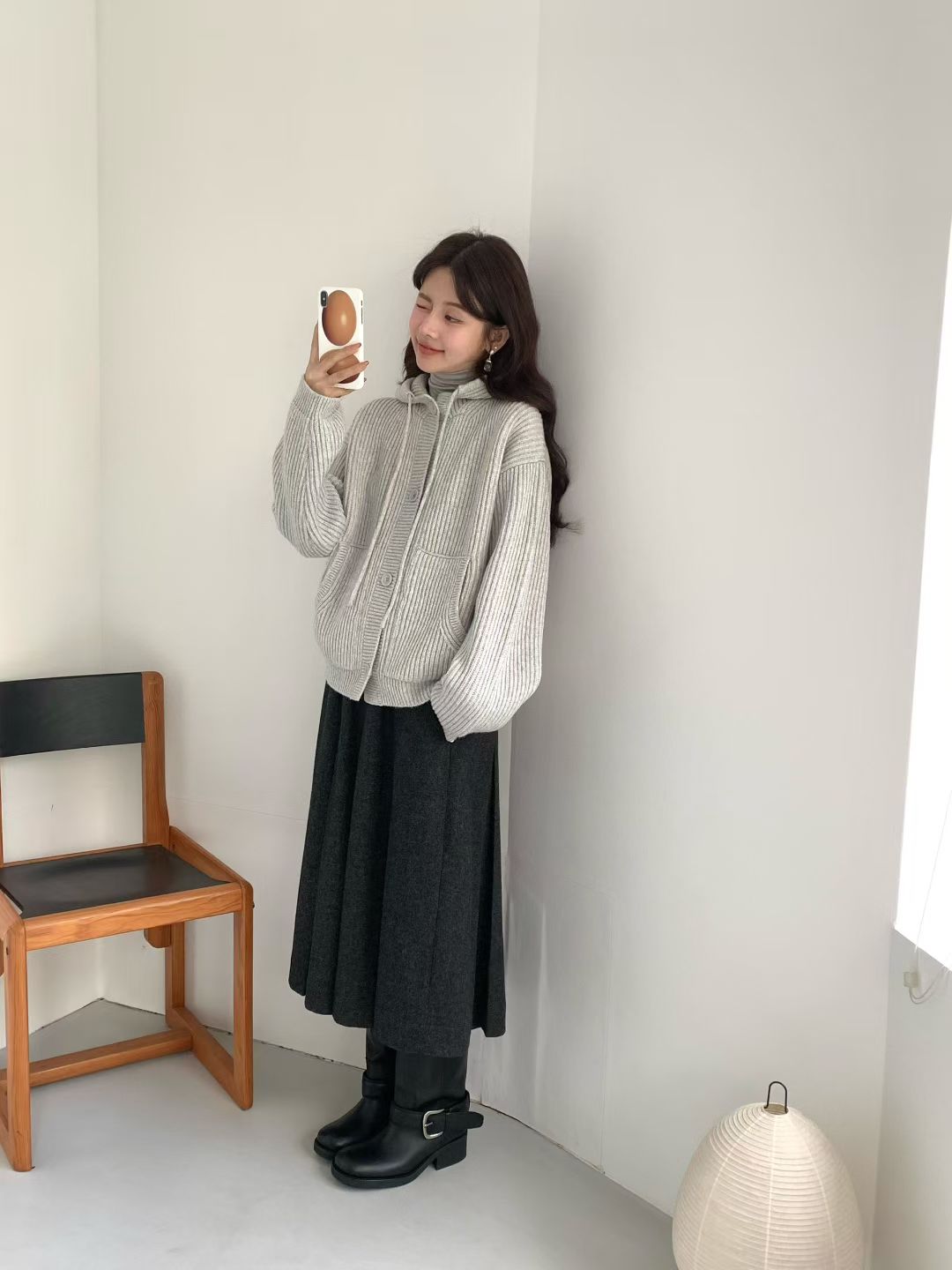 Korean APM Collection EGG Button Up Light Grey Hoodie Wool Cardigan (Instock)