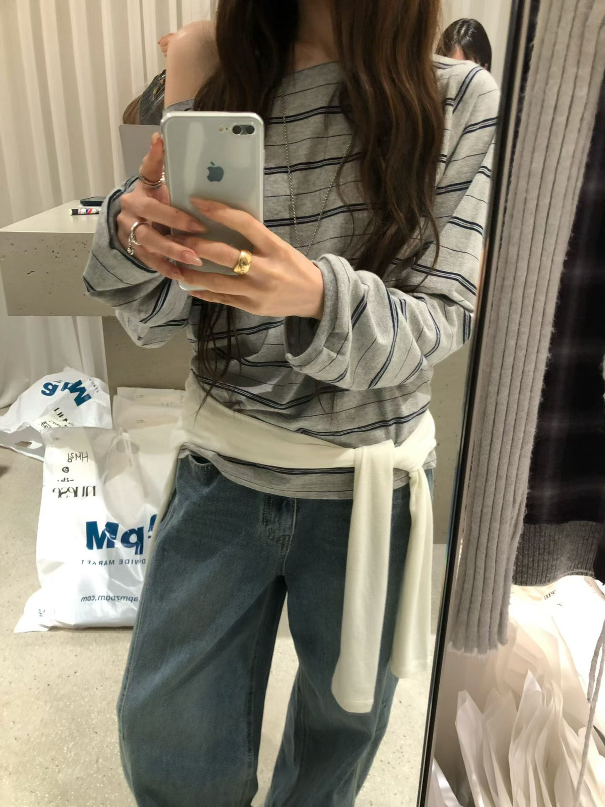 Korean Collection | Off-Shoulder Stripe Long Sleeve Top (Instock)