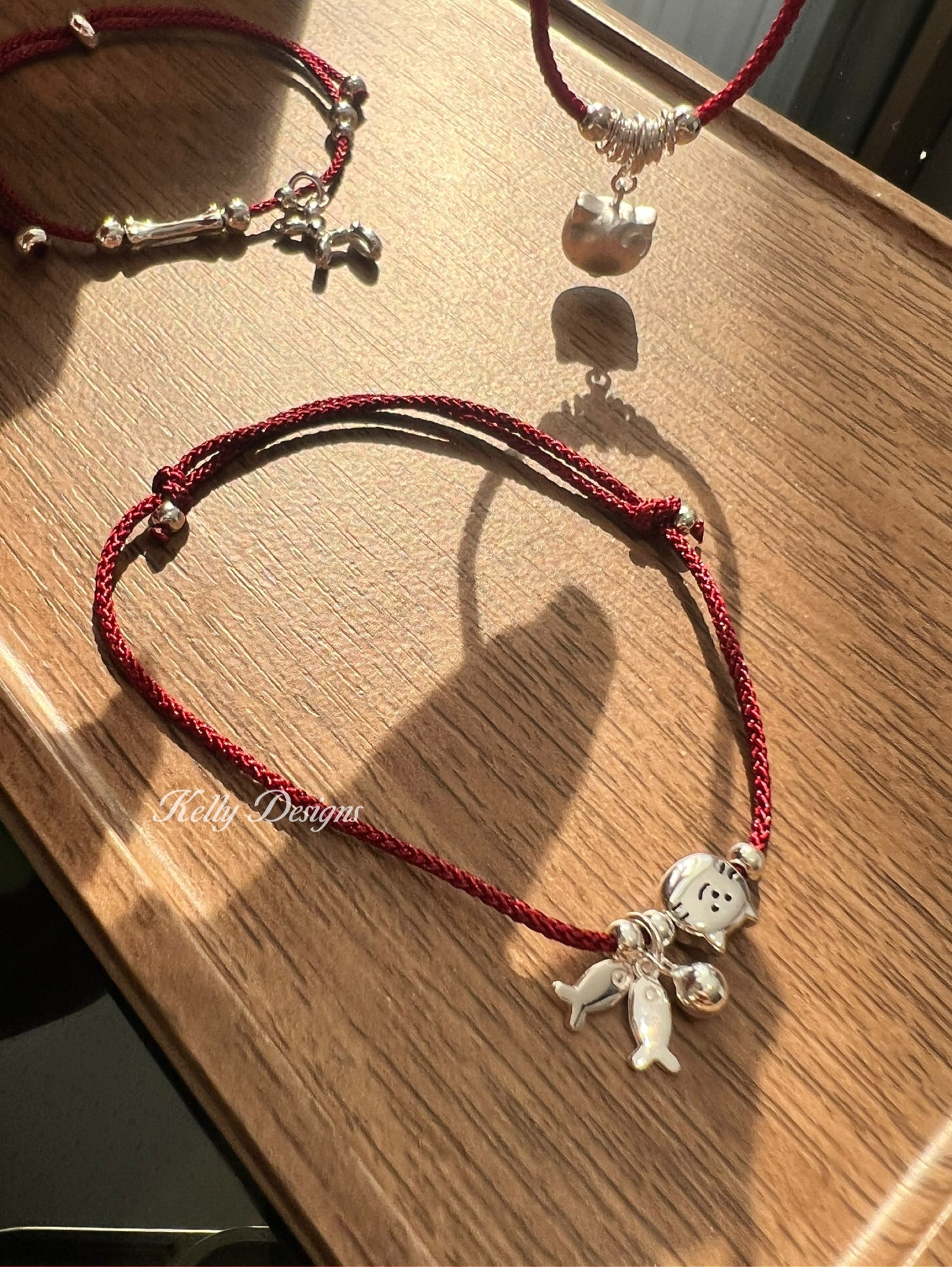 Kelly Designs Silver Kitten&Fish Pendant Red Bracelet (Instock)