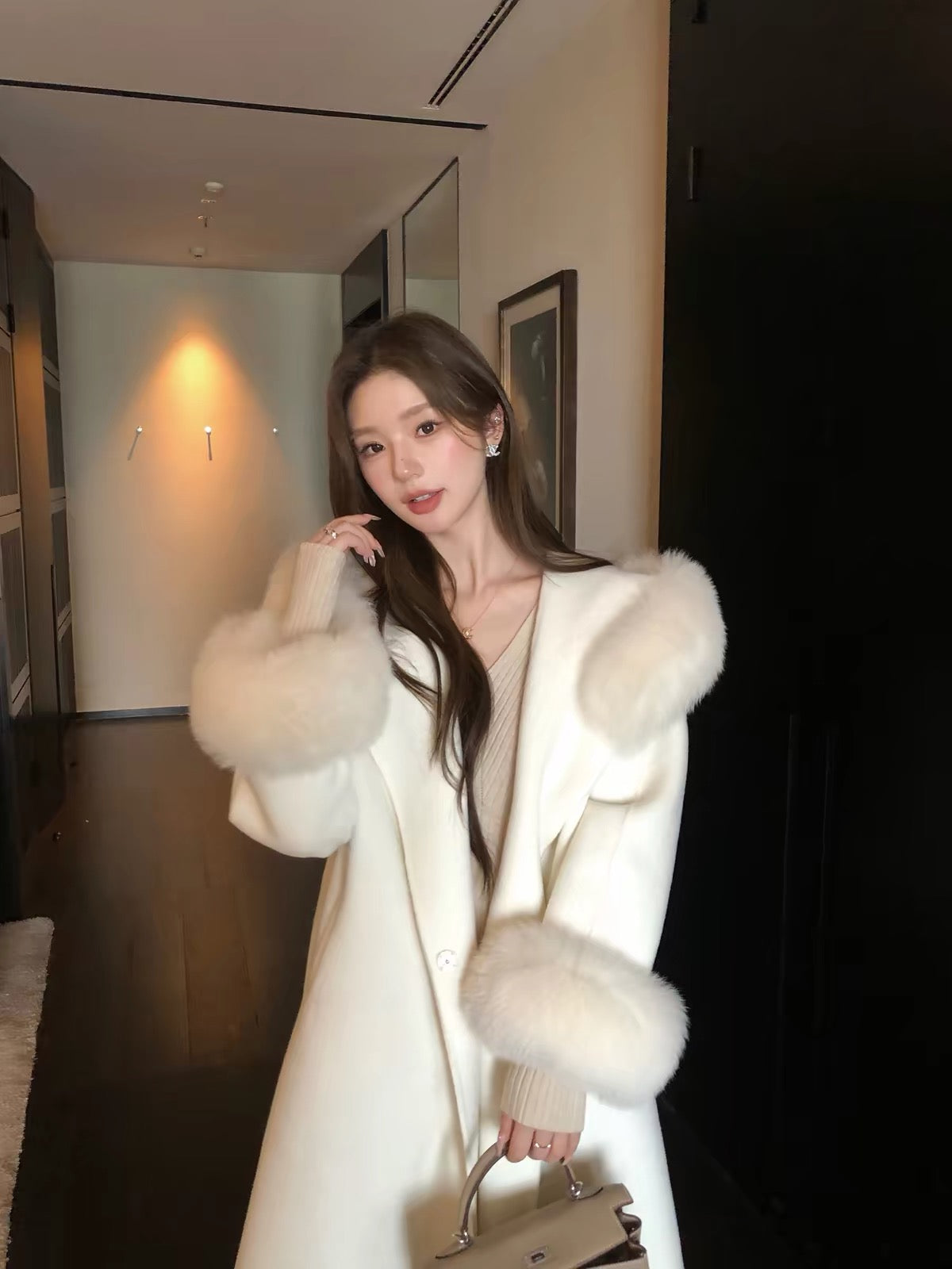 Kelly Designs Fox Fur Trim Wool Long Coat – Ivory (Instock)
