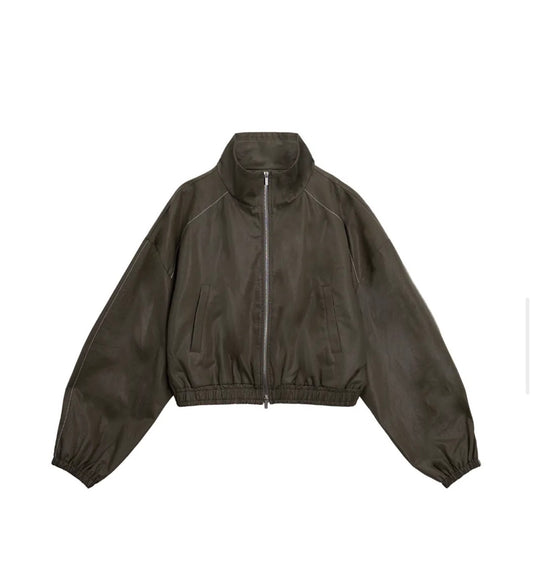 MATIN KIM ROUGH COATING CROP BOMBER IN KHAKI (Instock)