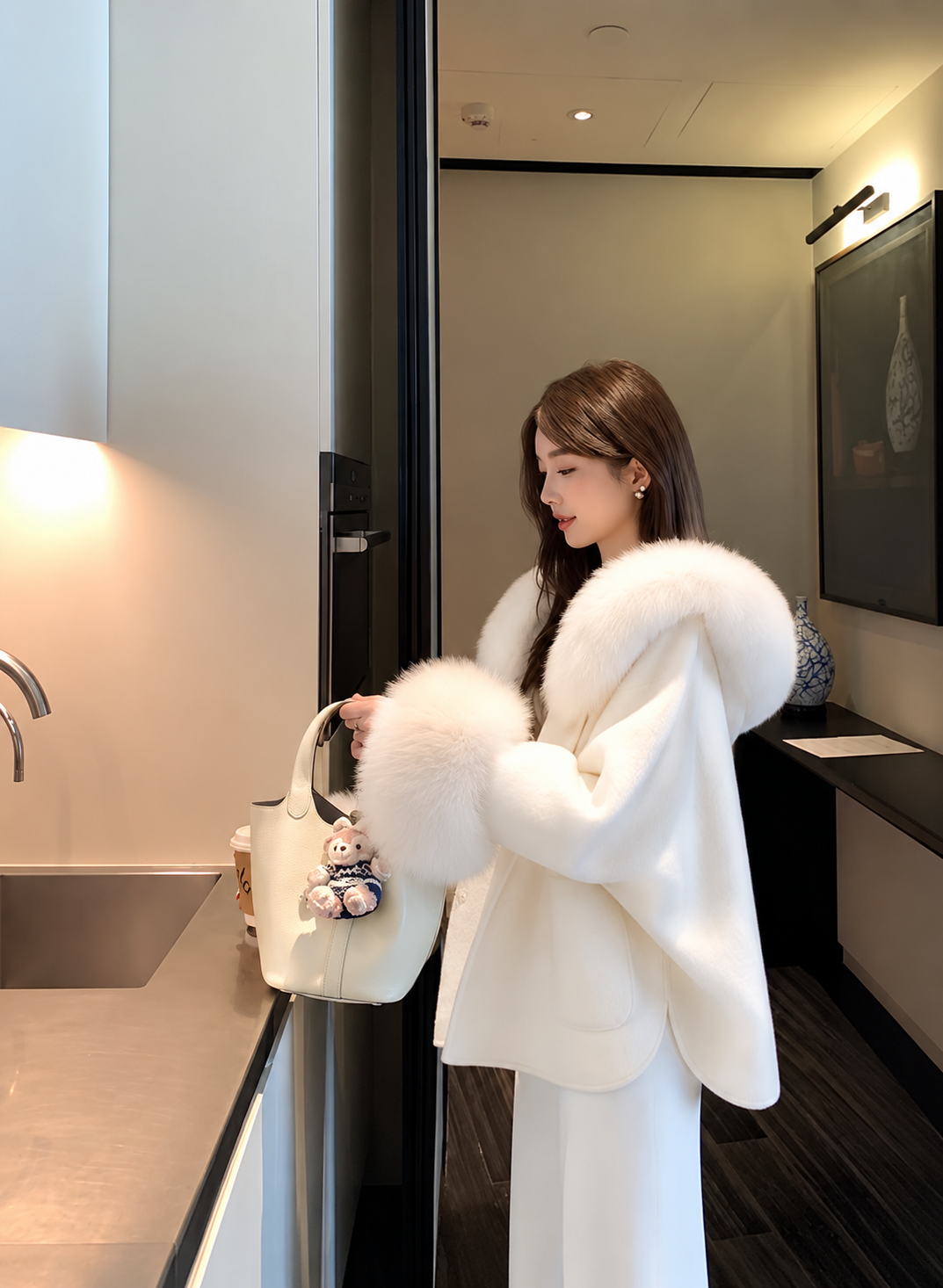 Kelly Designs Double-Faced Wool Coat with Fox Fur Collar & Cuffs- White (Instock)