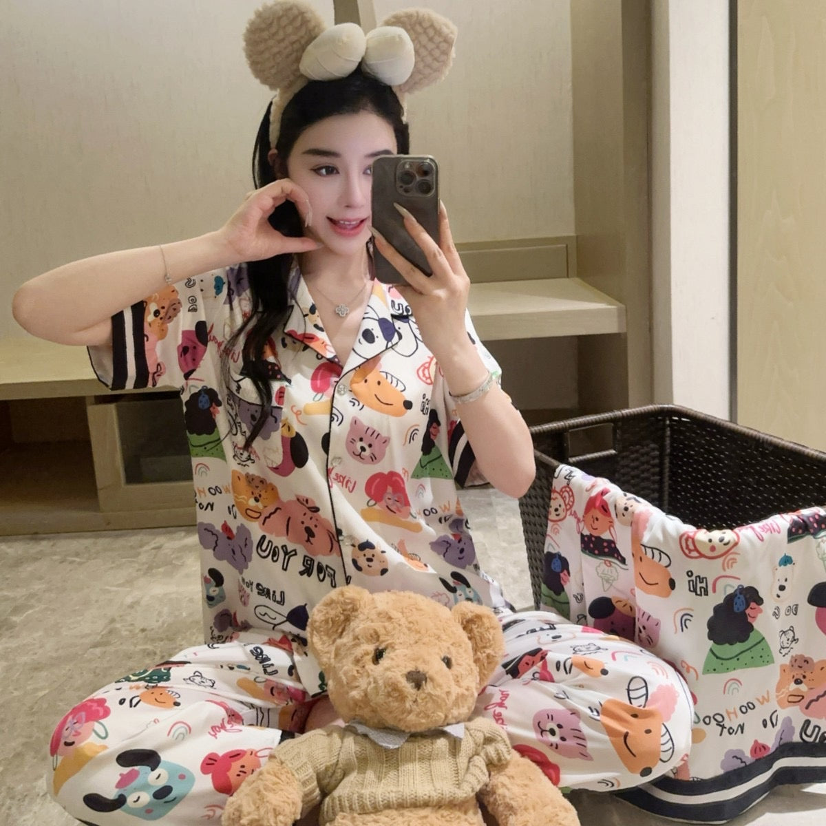 Kelly Designs Animal Ice Silk Pajamas – Short Sleeve & Long/Short Pants 3pcs Set (Instock)