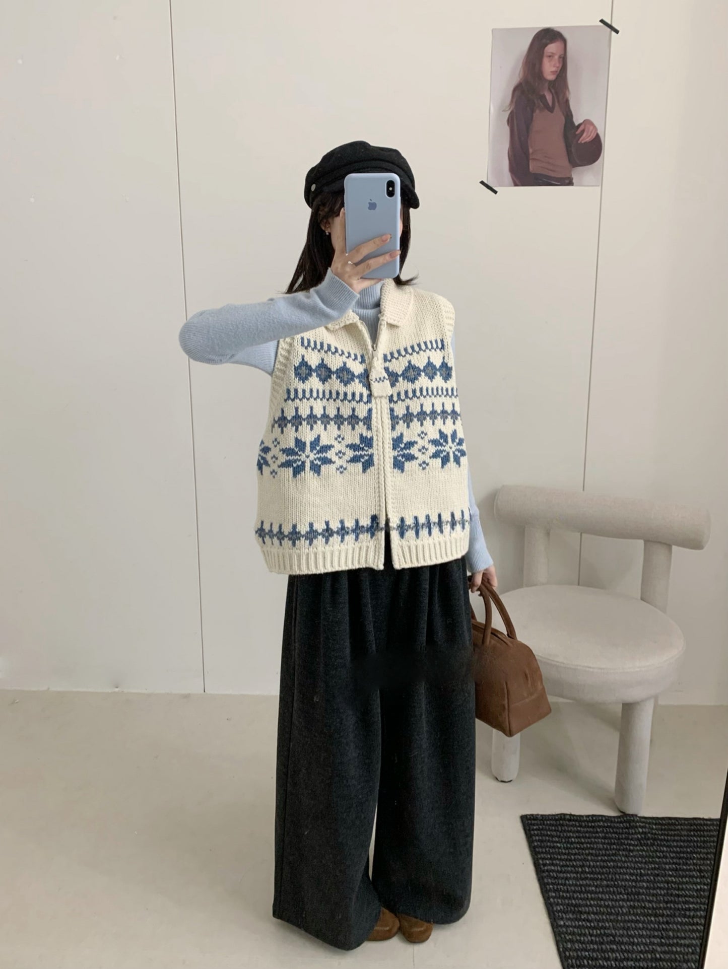 Kelly Designs Fair Isle Double-Zip Knit Vest – Cozy & Versatile-Beige (Instock)