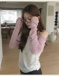 Korean Asymmetric Off-Shoulder Contrast Long Sleeve Top - 4 Colors (Instock)