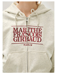 Marithe W Embroidery Classic Logo Crop Hoodie Zipup Oatmeal(Instock)