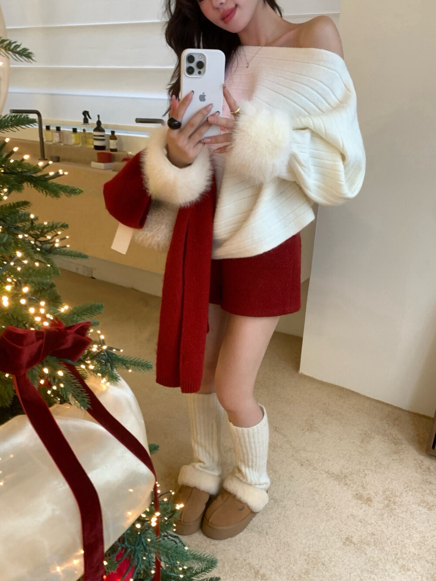 Kelly Designs  French-Inspired Off-Shoulder Knit Sweater with Fur Cuffs (Instock)