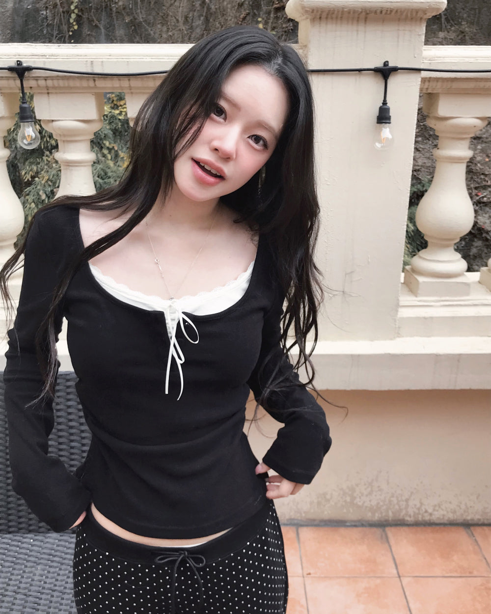 Korean Beauté Ribbon Shirring Top - Black (Instock)