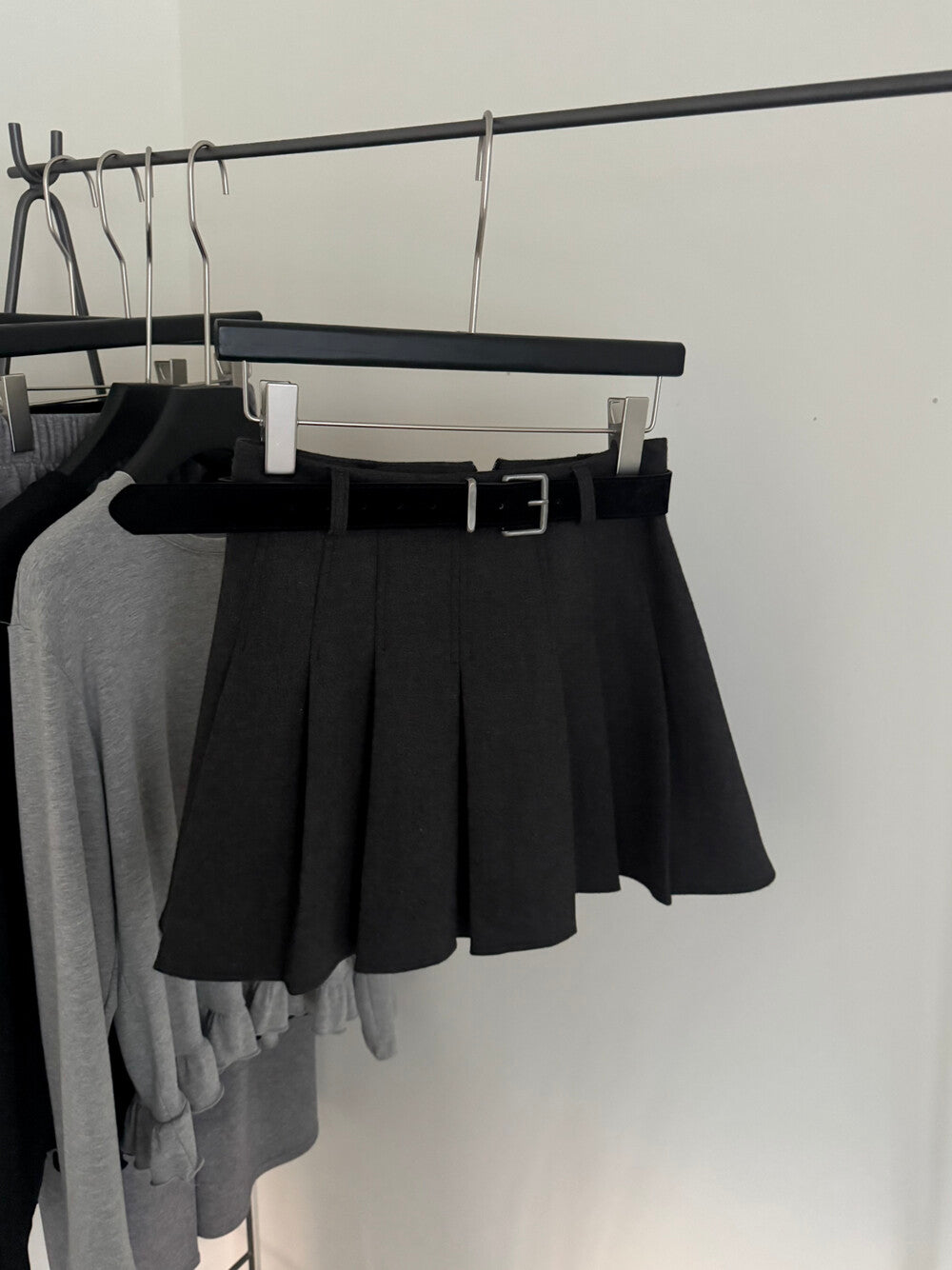 Kelly Designs Thick Pleated Mini Grey Skirt with Belt (Instock)