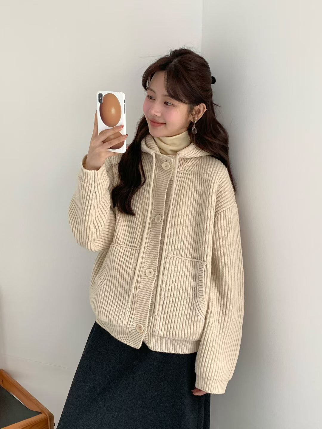 Korean APM Collection EGG Button Up Yellow Hoodie Wool Cardigan (Instock)