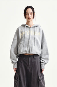 Korean Collection Matin Kim GRAFFITI LOGO CROP HOODY ZIP UP IN GREY (Instock)