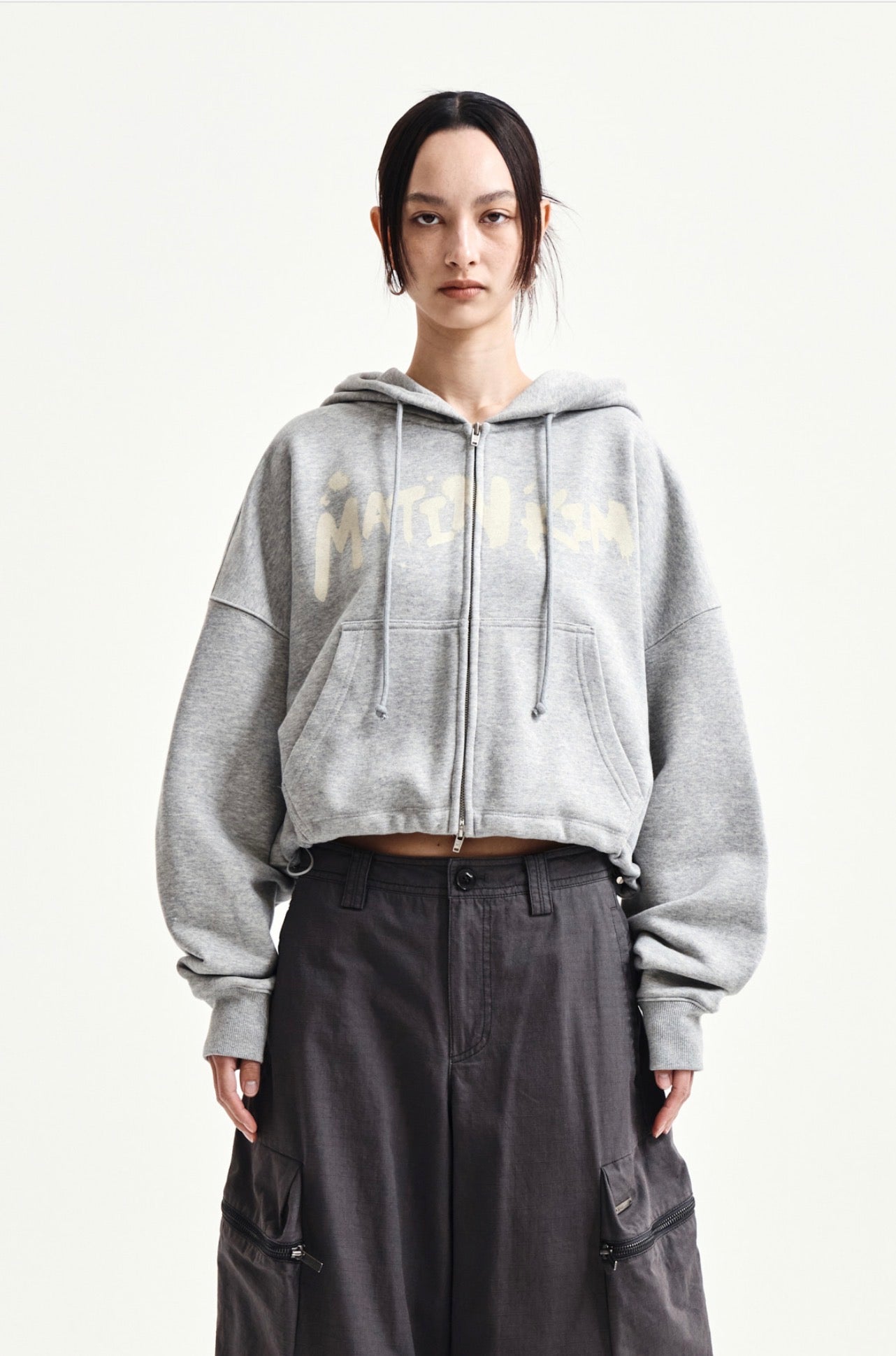 Korean Collection Matin Kim GRAFFITI LOGO CROP HOODY ZIP UP IN GREY (Instock)