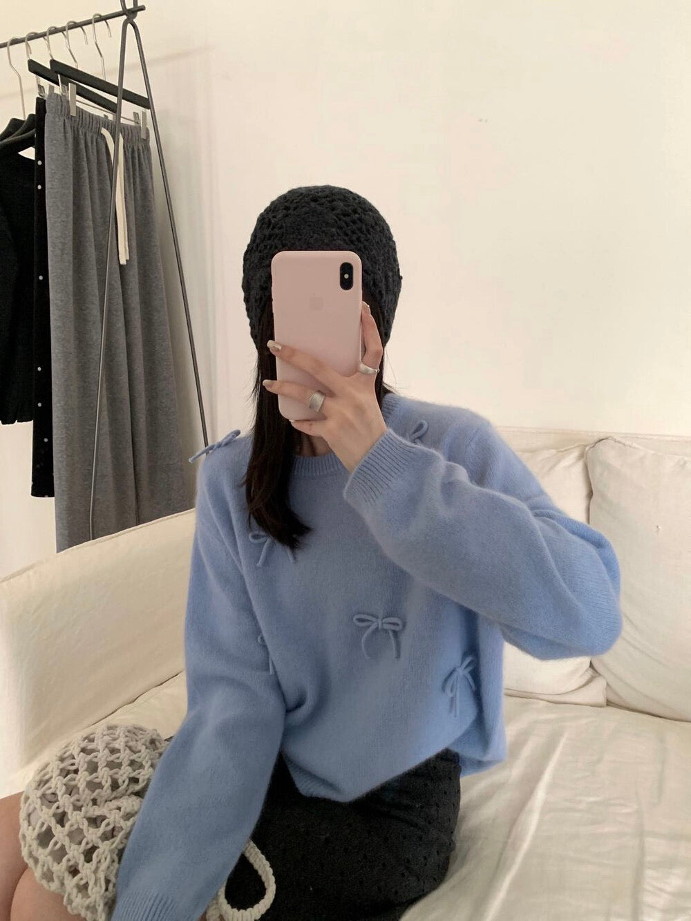 Kelly Designs Raccoon Wool Bow Knit Pullover - Red/Blue (Instock)