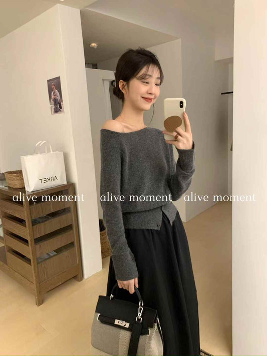 Kelly Designs Off-Shoulder Grey Wool Sweater (Instock)