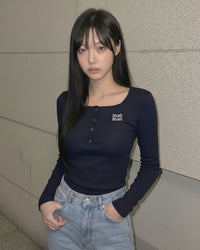 Korean Muah Muah Square Neck Henley Ribbed Long Sleeve Top (Instock)