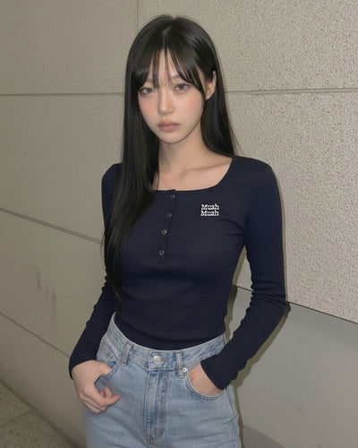 Korean Muah Muah Square Neck Henley Ribbed Long Sleeve Top (Instock)