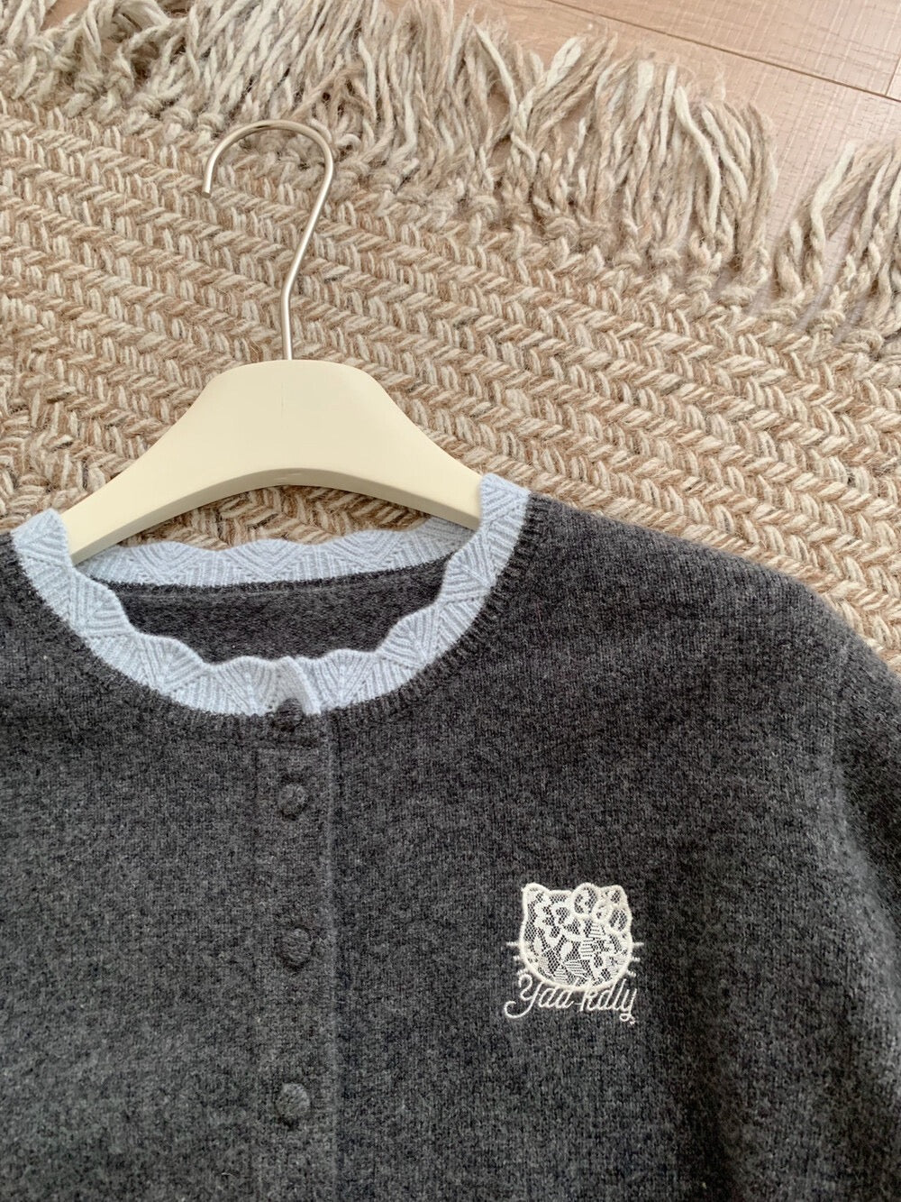 Kelly Designs Embroidery Kitty Grey Wool Cardigan (Instock)