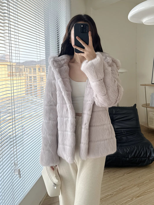 Kelly Designs Grass Rabbit Fur Hooded Jacket – Soft Purple (Instock)