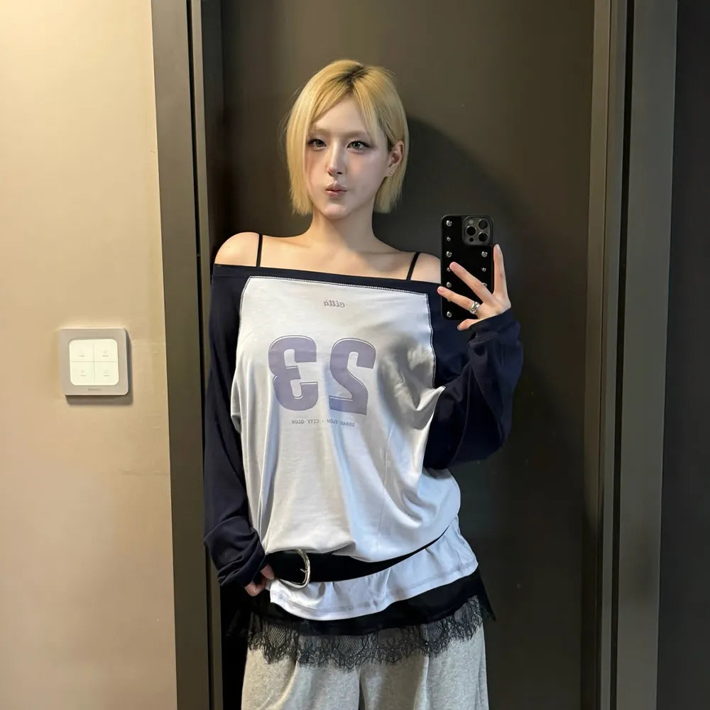 Korean CITTA Number 23 Raglan Off-Shoulder T-Shirt (Instock)