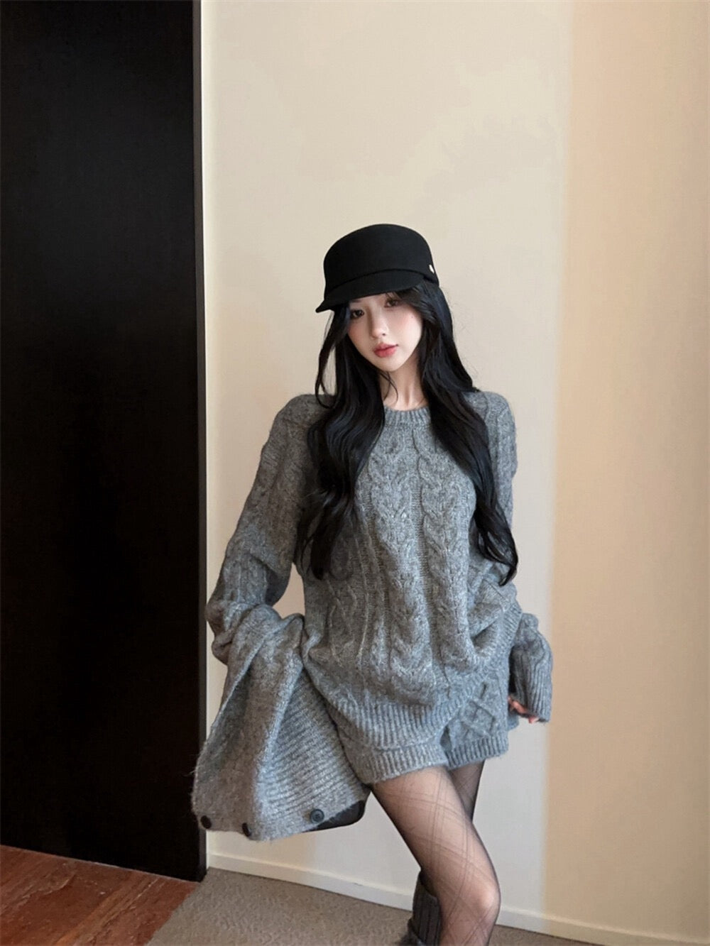 Kelly Designs Vintage Chic Cable Knit Sweater & Shorts Set with Scarf – 3-Piece Set (Instock)
